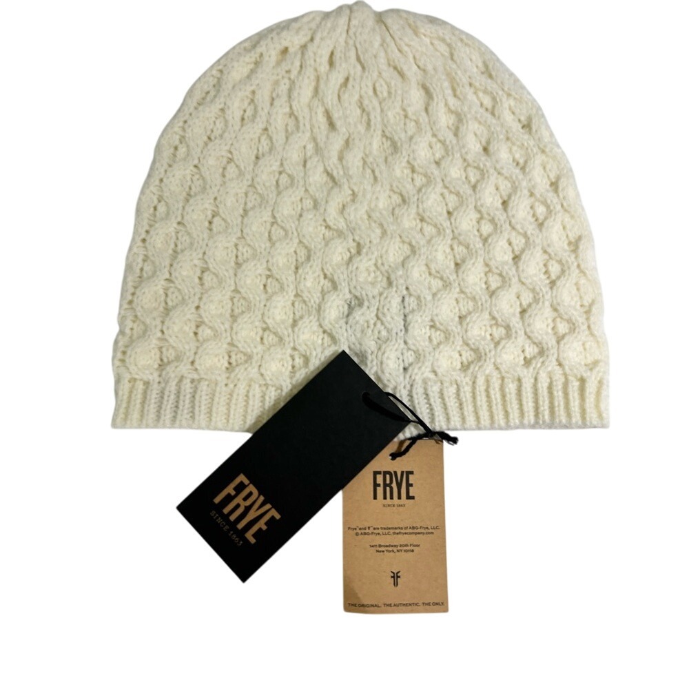Frye White Cable Knit Beanie Hat Leather Logo Patch One Size